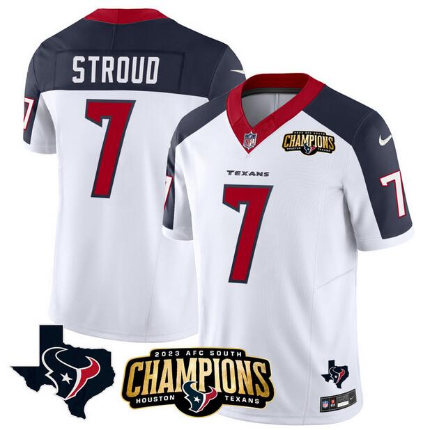 Men's Houston Texans #7 C.J. Stroud White/Navy 2023 F.U.S.E. AFC South Champions Patch And Team Logo Patch Vapor Untouchable Limited Football Stitched Jersey - Click Image to Close